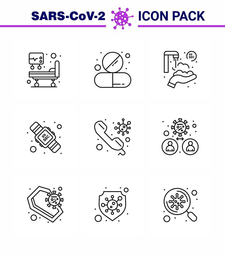 9 linje coronavirus covid19 ikon packa sådan som rådfråga tvättning tjugo sekunder tjugo händer hygien viral coronavirus 2019 nov sjukdom vektor design element