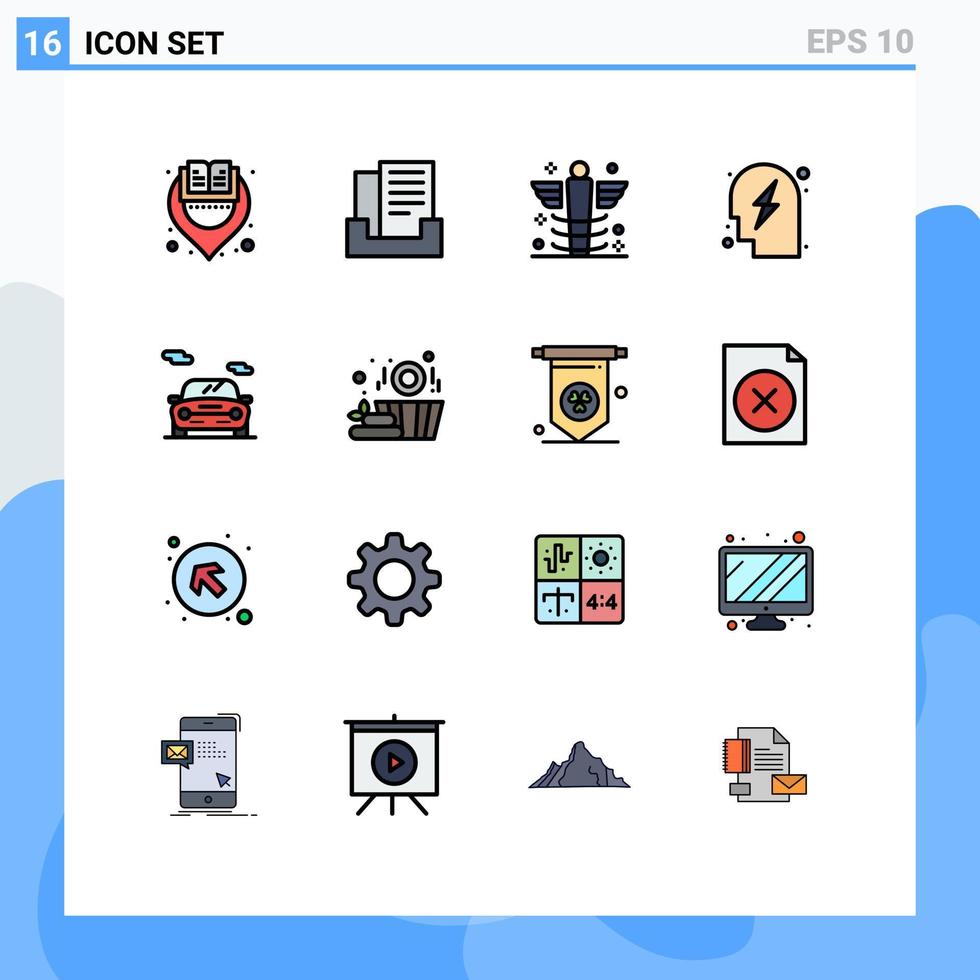 moderner Satz von 16 flachen, farbgefüllten Linien und Symbolen wie Auto-Power-Gesundheitsstrategie-Kopf editierbare kreative Vektordesign-Elemente vektor
