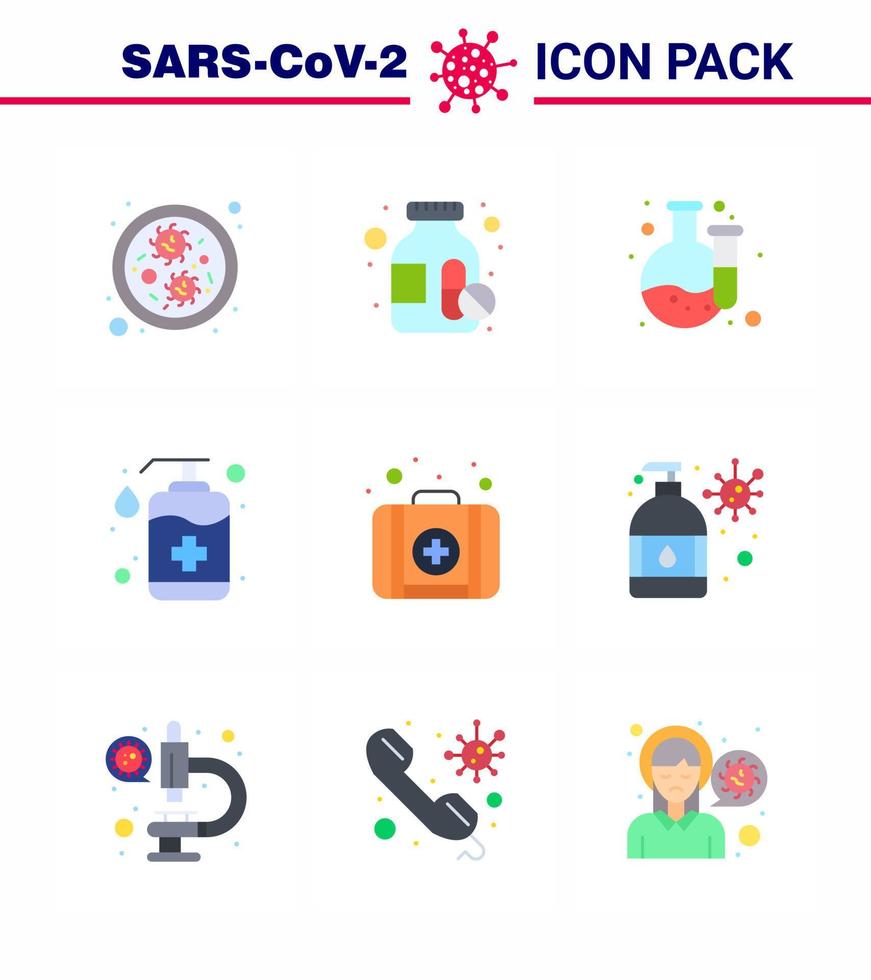 9 Flachfarben-Virus-Corona-Icon-Pack wie Handwaschkit Labor-Notfall-Seife Virus-Coronavirus 2019nov-Krankheitsvektor-Designelemente vektor