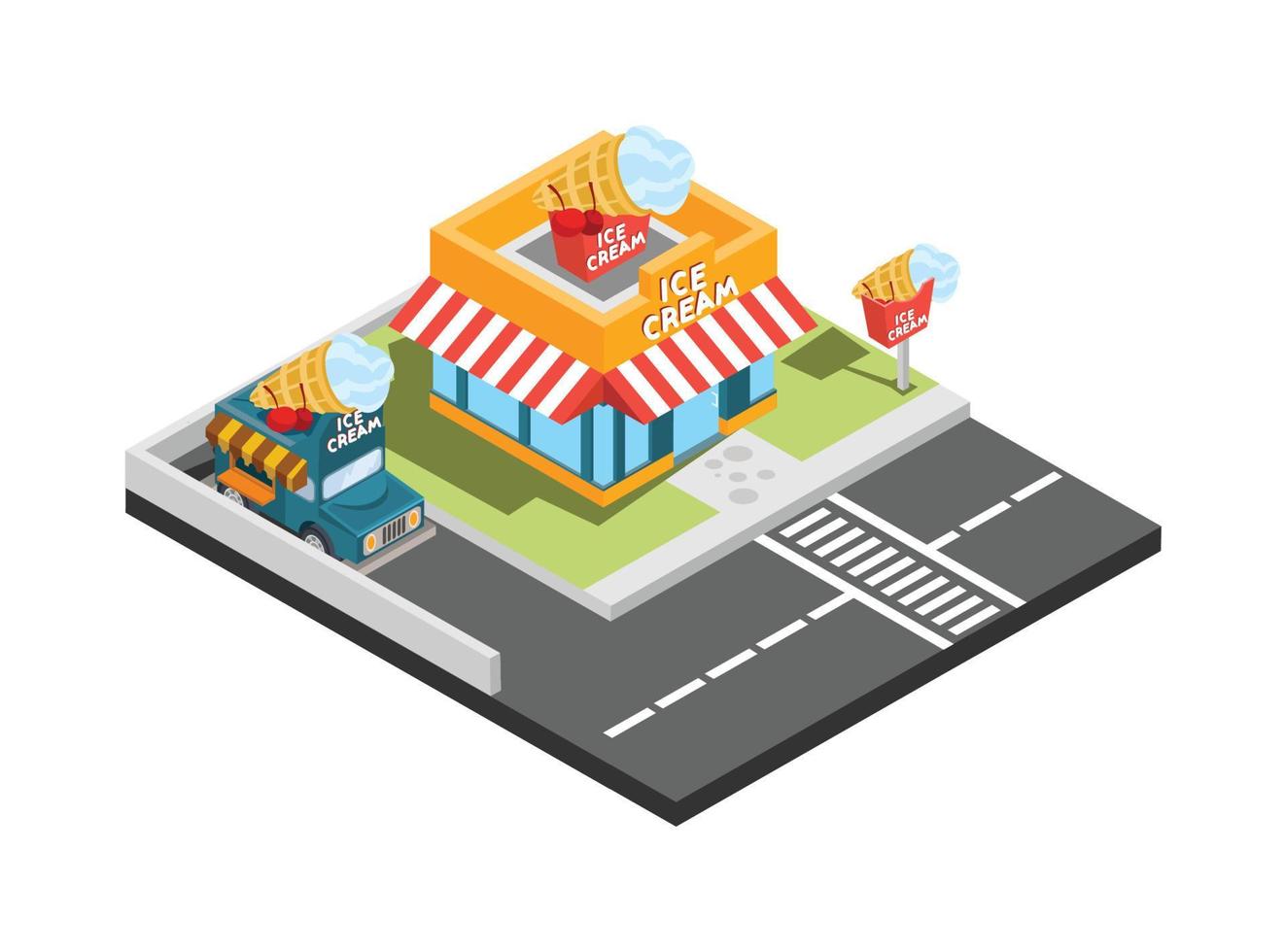 vektorisometrisches symbol oder infografikelement, das ein low-poly-fast-food-restaurant mit parkplatz und leuchtreklameschild darstellt. geeignet für Diagramme, Infografiken und andere grafische Elemente vektor