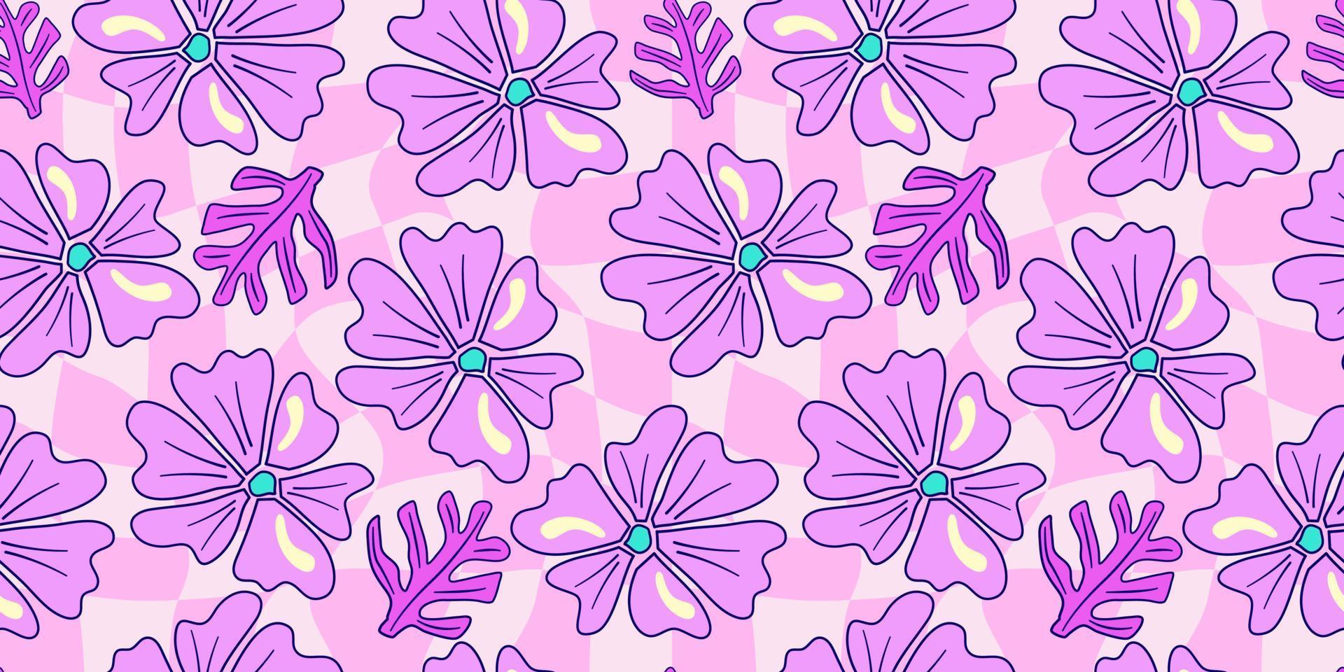 nahtloses trippiges psychedelisches schachbrettmuster der blume. rosa psychedelisches nahtloses muster. magischer Blumengänseblümchendruck. Trippy Design Hippie floral flache Illustration. Retro-Y2K-Druck vektor