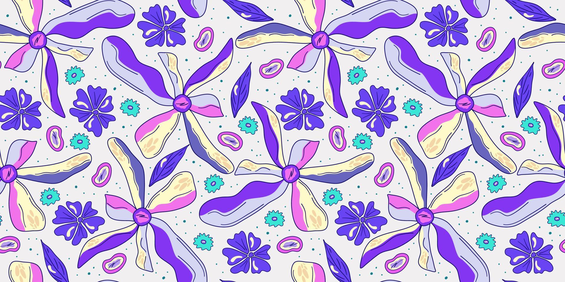 sömlös blomma trippy psychedelic mönster. lila psychedelic sömlös mönster. magi blommig daisy skriva ut. trippy design hippie blommig platt illustration. retro y2k skriva ut vektor
