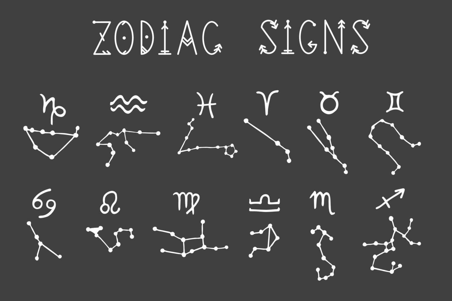 uppsättning av bilder av de tecken av de zodiaken och deras konstellationer. vit kontur teckning på en svart bakgrund. vektor samling på de tema av astrologi