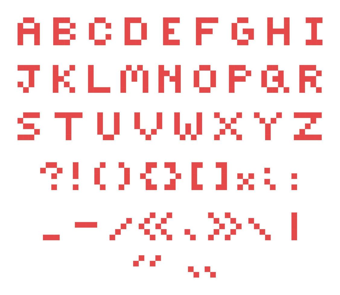platt pixel alfabet av huvudstad brev och skiljetecken märken av ljus röd Färg på en vit bakgrund. vektor