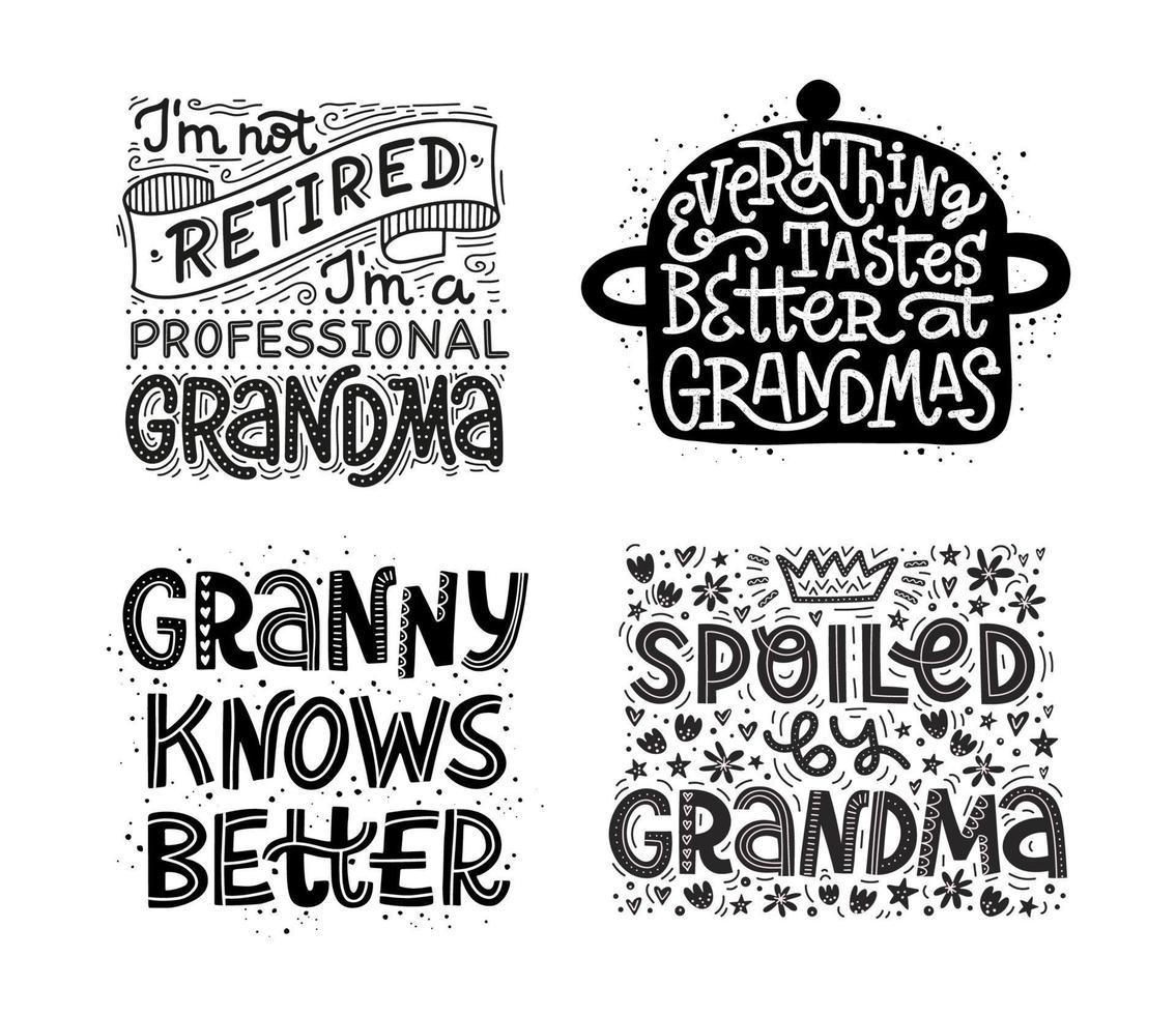 uppsättning av kreativ vektor illustrationer med mormor citat. ritad för hand rolig fraser för mormor med dekorativ element. svart och vit text design för kort, t-tröjor och gåvor för mormor.