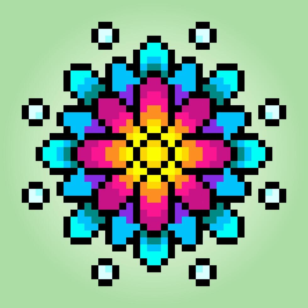 8 bitars pixel blomdekorationer. cirkel av blommor för korsstygnsmönster, i vektorillustrationer. vektor