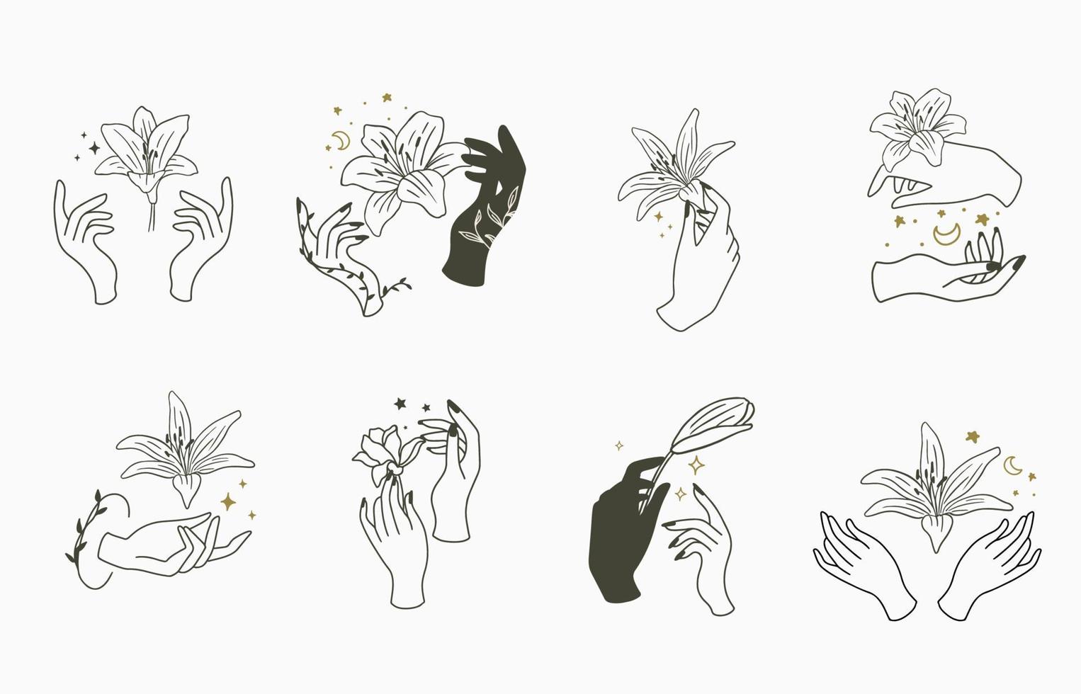 Beauty-Boho-Icon-Sammlung mit Hand, lily.vector Illustration für Symbol, Aufkleber, bedruckbar und Tattoo vektor
