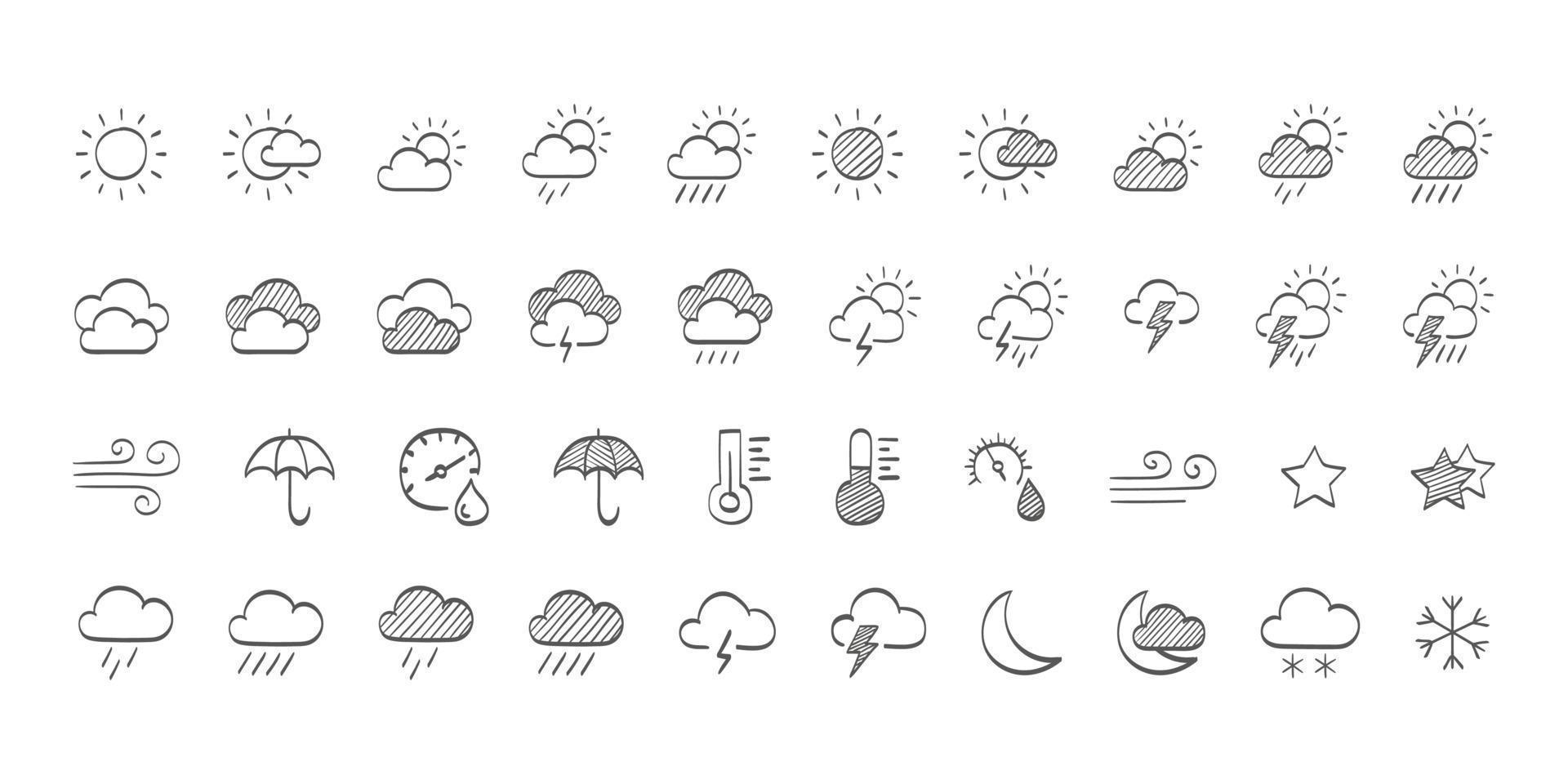 väder ikoner. dragen väder ikoner. väder ikoner Sol och moln i himmel, regn med snö, åska och blixt. vektor illustration