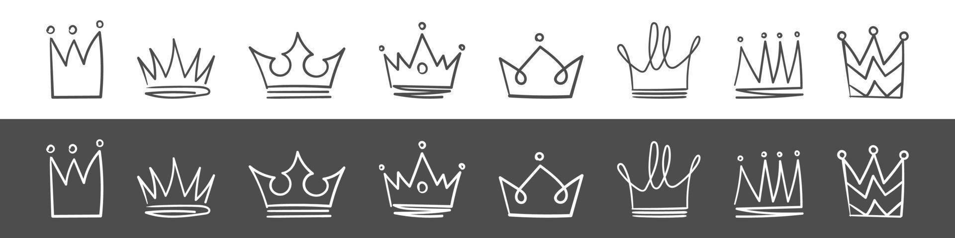 krona ikoner. hand dragen kronor. kunglig kejserlig kröning och monark symboler. vektor illustration