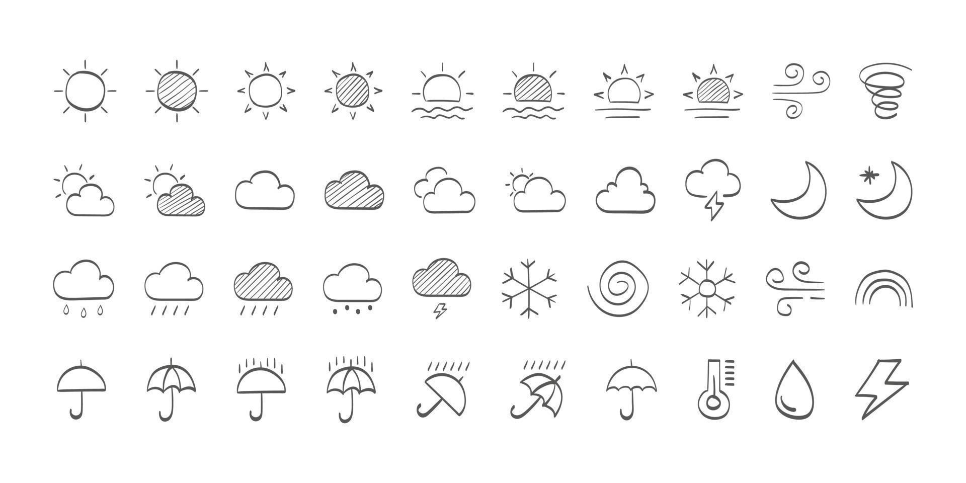 uppsättning av dragen svart väder ikoner. väder ikoner. väder vektor ikoner. väder prognos tecken symboler. väder tecken. vektor illustration