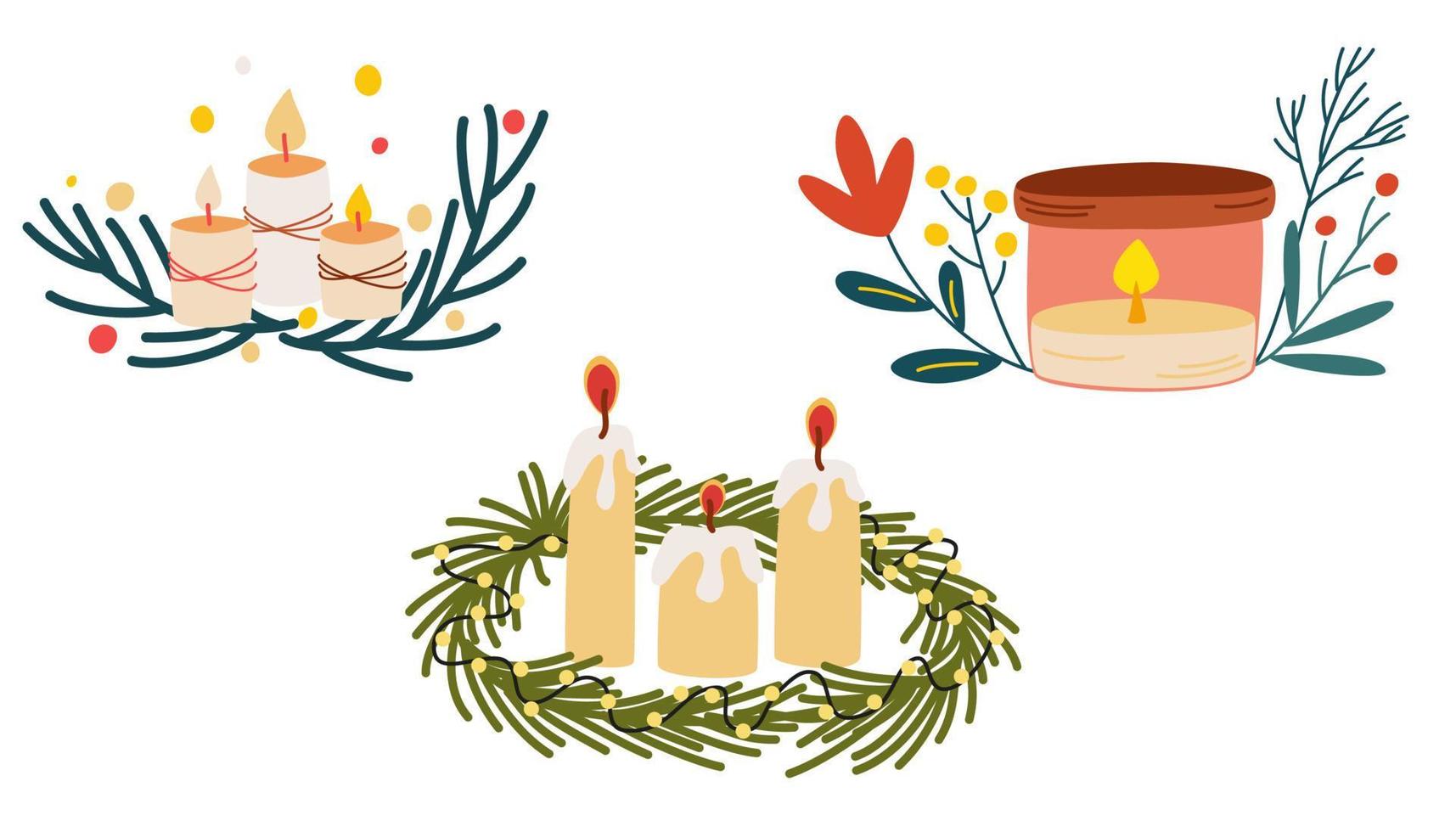 Kerzen gesetzt. Dekorative Wachskerzen für Entspannung, Inneneinrichtung, Urlaub und Weihnachten. Wachskerzen. hand gezeichnete vektorillustration lokalisiert auf dem weißen hintergrund. vektor