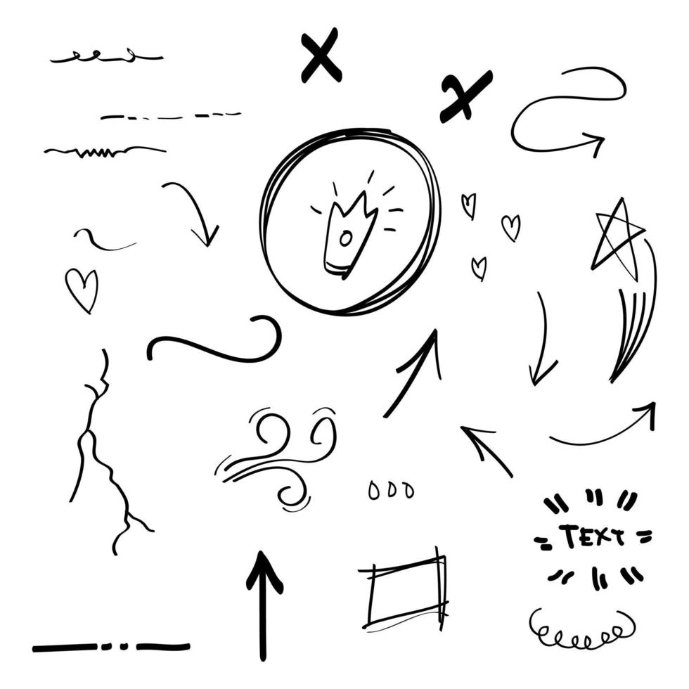 hand gezeichneter satz abstrakter comic-doodle-elemente. mit Stern, Strudel, Swoosh, Krone, Wind, Pfeil, Texthervorhebung. isoliert auf weißem Hintergrund. Vektor-Illustration vektor