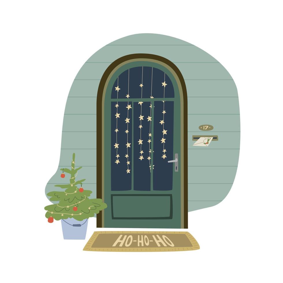 Weihnachten dekorierte Haustür. weihnachtsbaum an der haustür mit kranz und deko zur party. postkarte, einladung oder poser für neues jahr und frohe weihnachten. vektor
