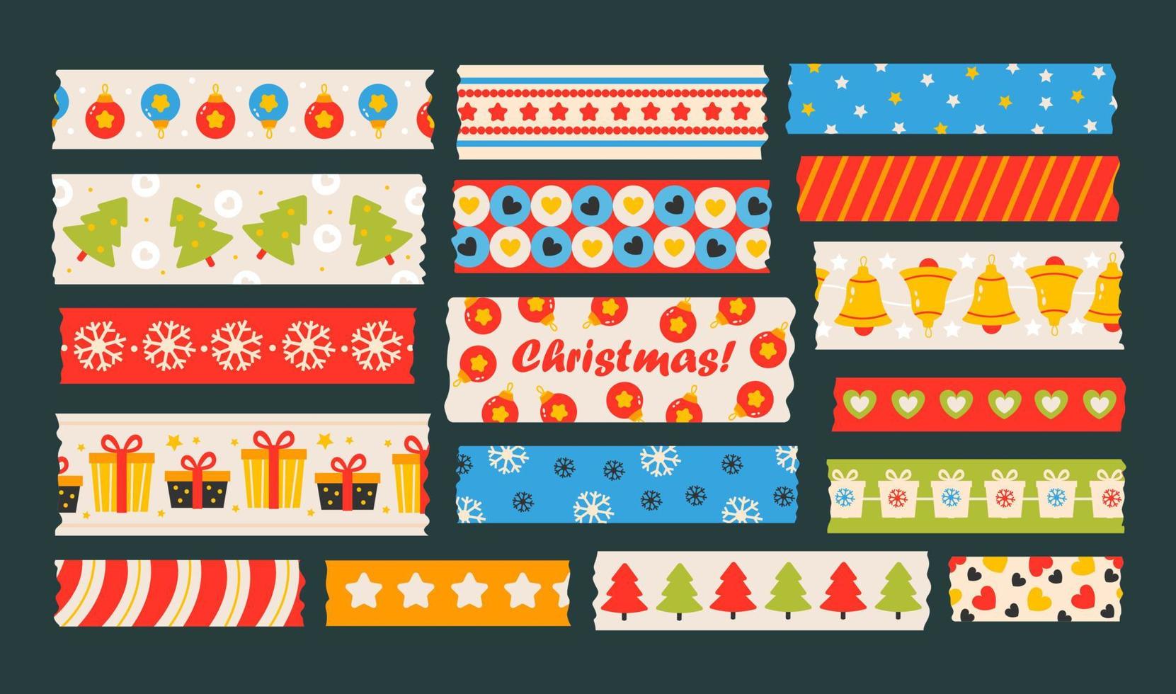 weihnachtliche Washi-Tapes. vektorset von dekorativen streifen mit traditionellen weihnachtselementen, schneeflocken, dekorationen, weihnachtsbaum. Abdeckband oder Klebestreifen. vektor
