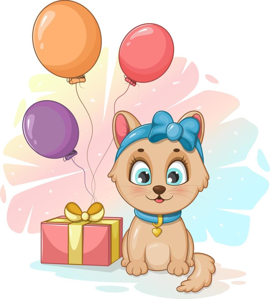 söt och leende kattunge med en gåva och ballonger vektor
