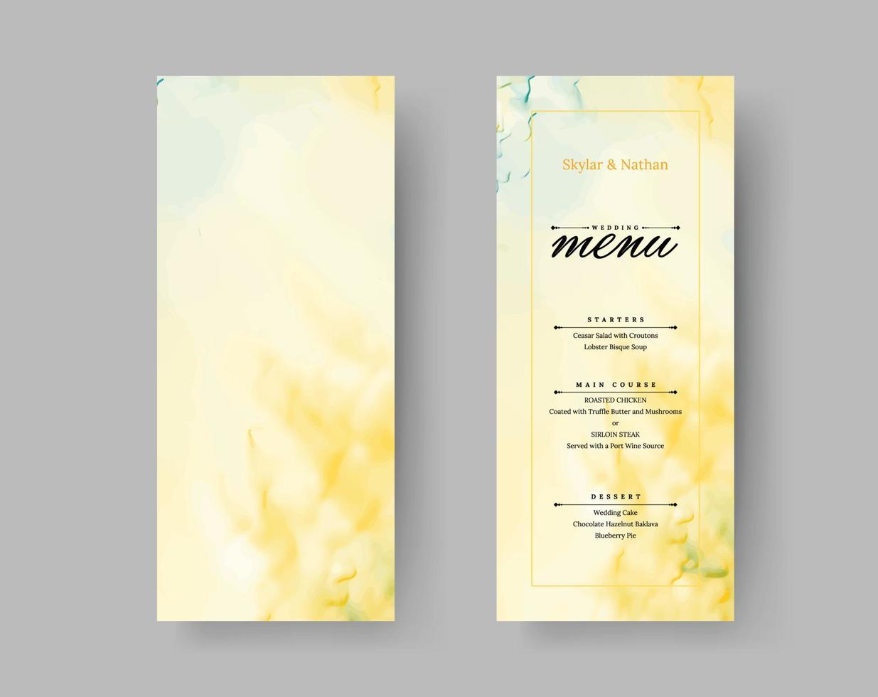 moderne Hochzeitsmenü-Kartenschablone aus gelbem Marmor vektor