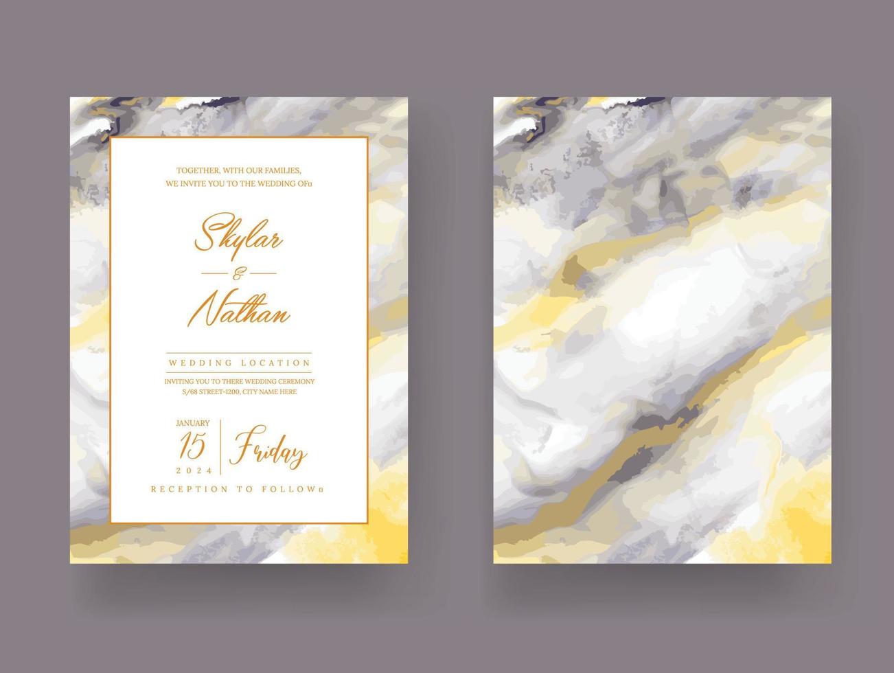 modern gul marmor bröllop inbjudan mall vektor