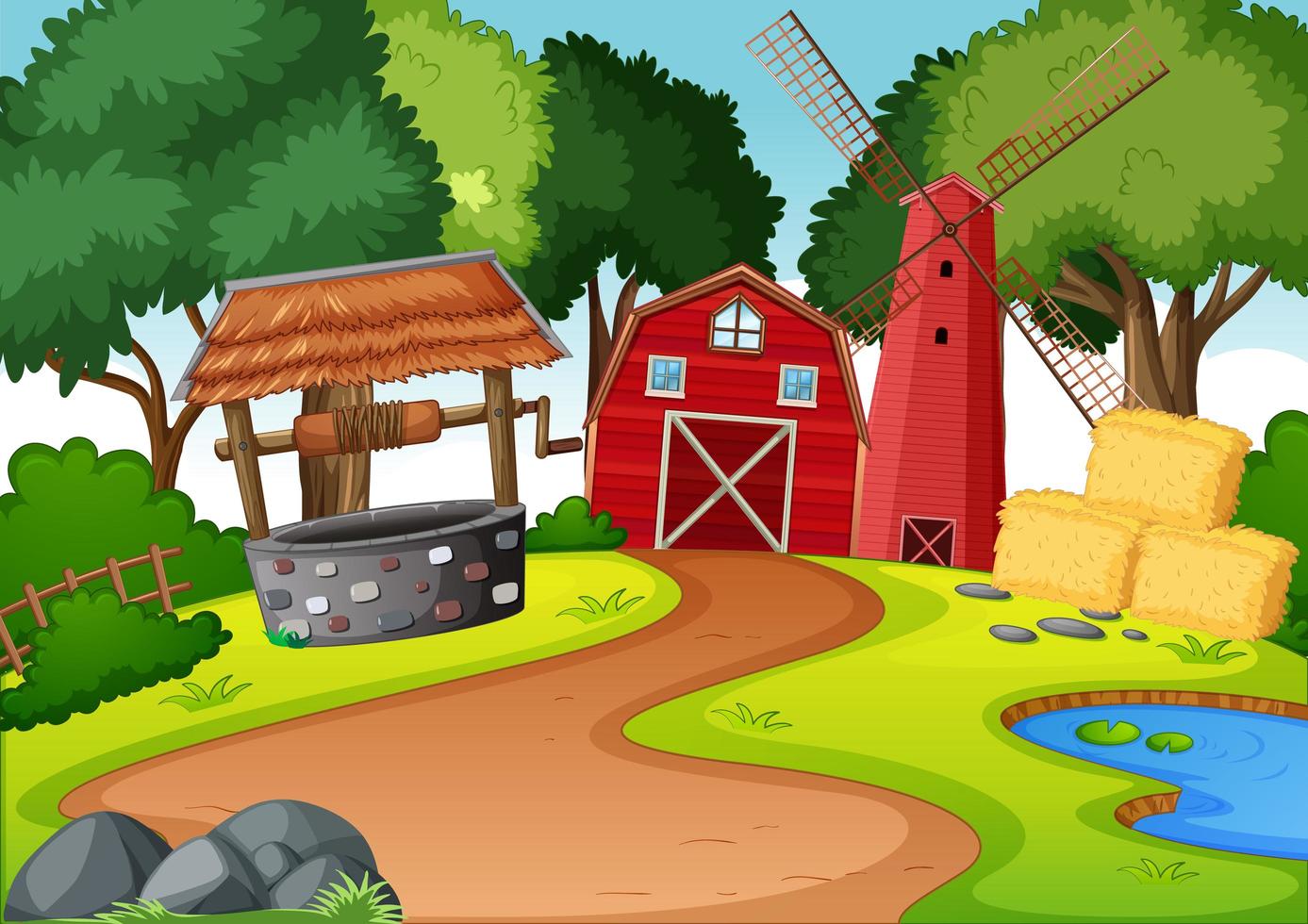 Bauernhof mit roter Scheune und Windmühle und Brunnenszene vektor