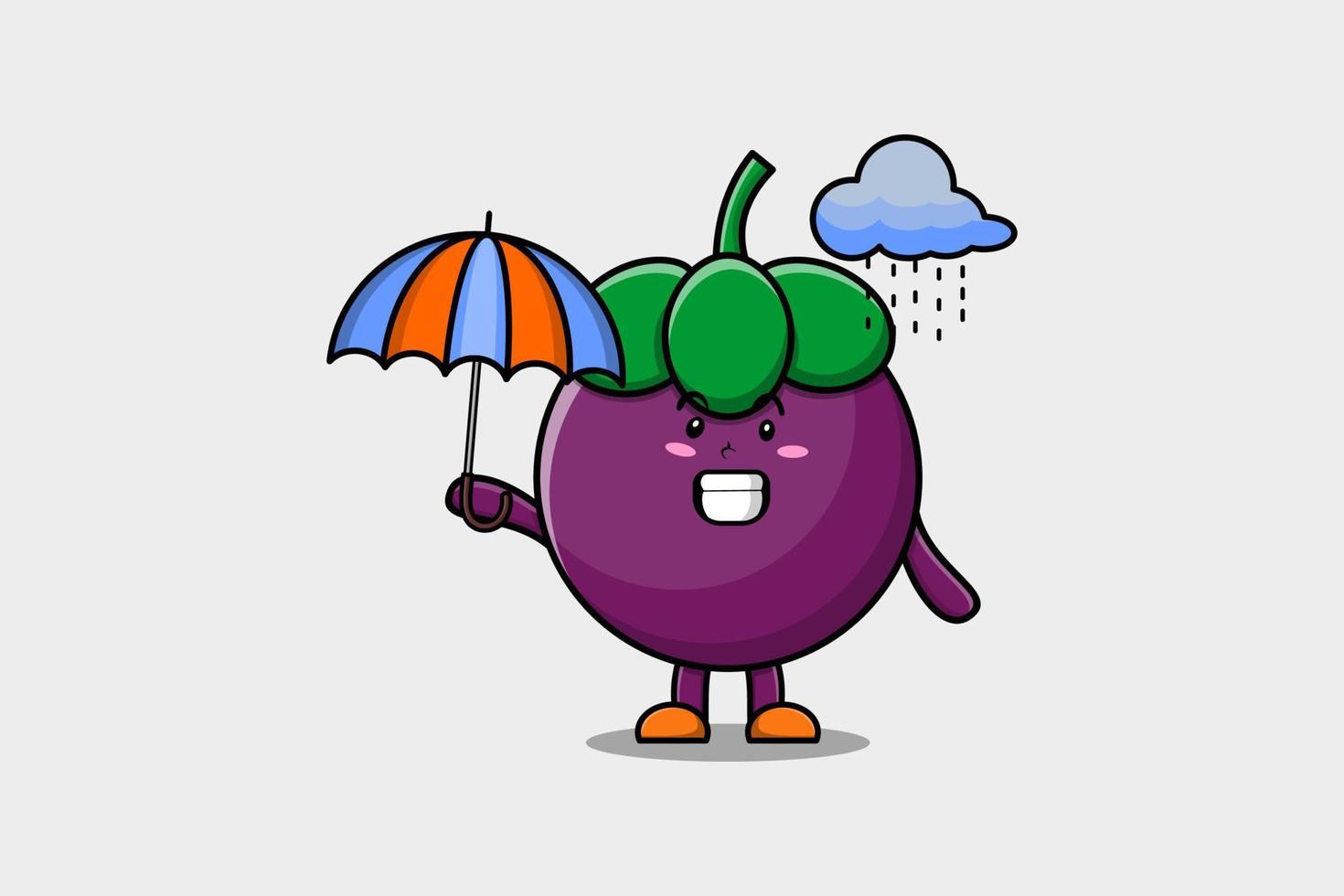 niedliche Cartoon-Mangostan im Regen mit einem Regenschirm vektor