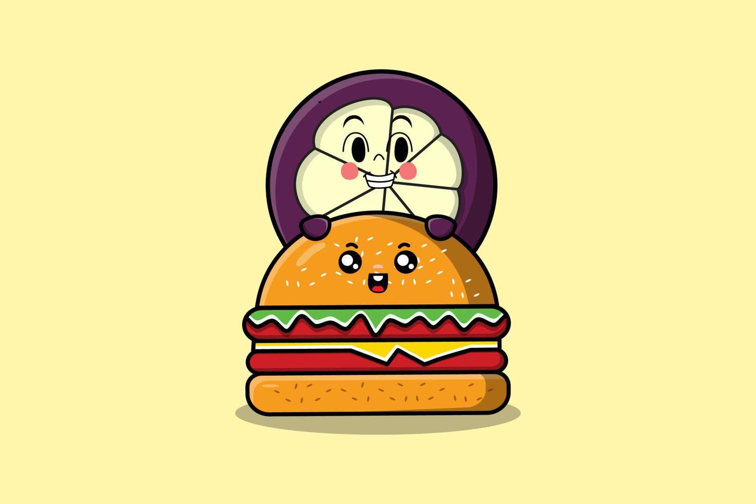söt mangostan tecknad serie karaktär dölja i burger vektor