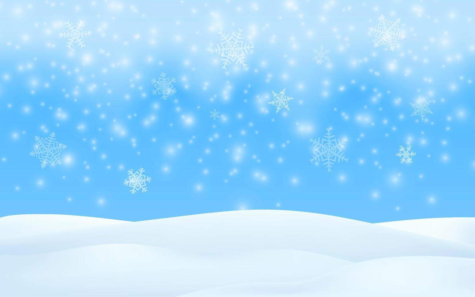Szene der Wintersaison. Schneehintergrund der frohen Weihnachten. Vektor-3D-Illustration Glühende Schneeflocken fallen. Winterlandschaft, blauer Himmel, Schneesturm. leerer raum für produktdesign. vektor