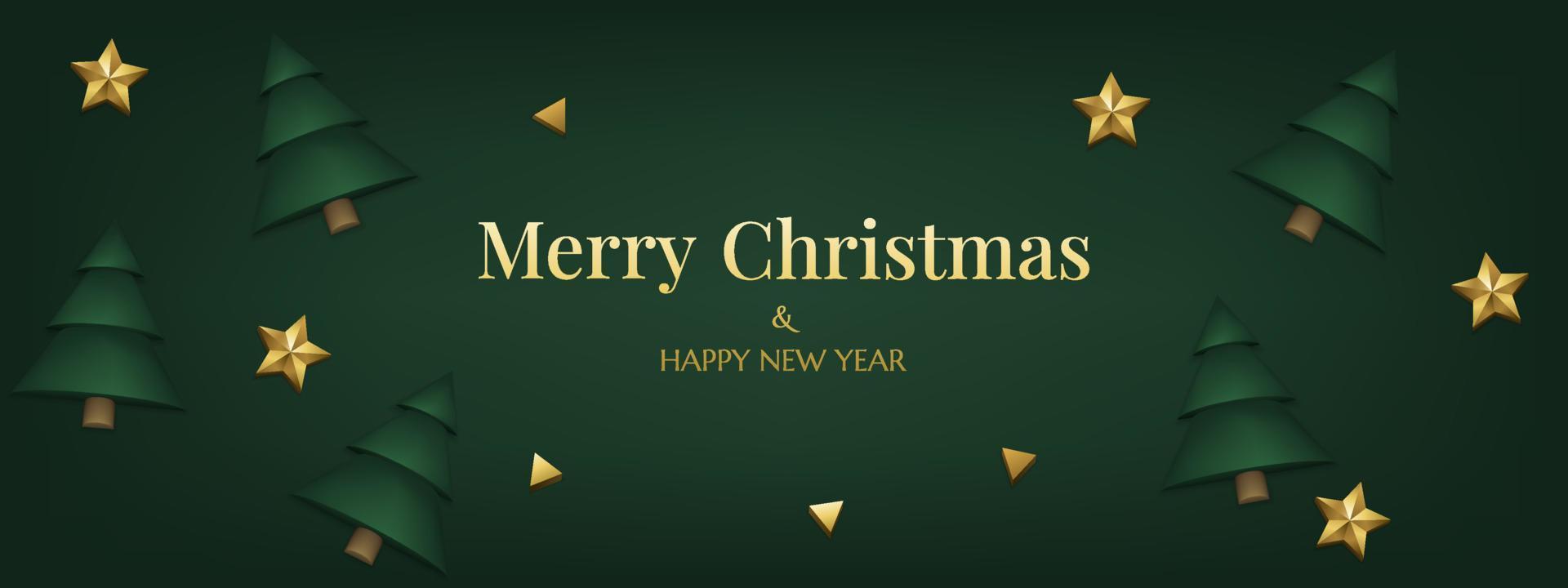 grön jul bakgrund baner dekorerad med 3d realistisk ristade gyllene stjärnor, tall träd. horisontell underbar jul kort. vinter- säsong flygblad glad jul och ny år. vektor