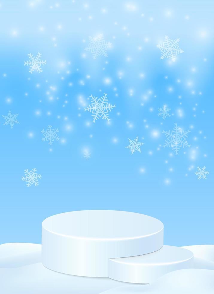vinter- scen med cylinder podium. jul skede på snö bakgrund. vektor 3d illustration lysande snöflingor faller. vinter- landskap, blå himmel, snöstorm. tömma Plats för produkt design.