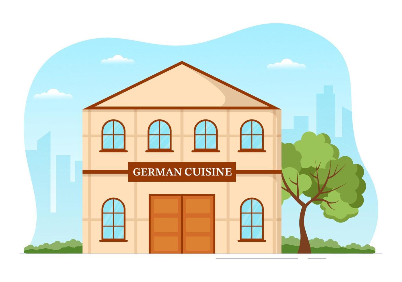 deutsches lebensmittelrestaurant mit sammlung köstlicher traditioneller küche und getränke in flacher handgezeichneter karikaturschablonenillustration vektor