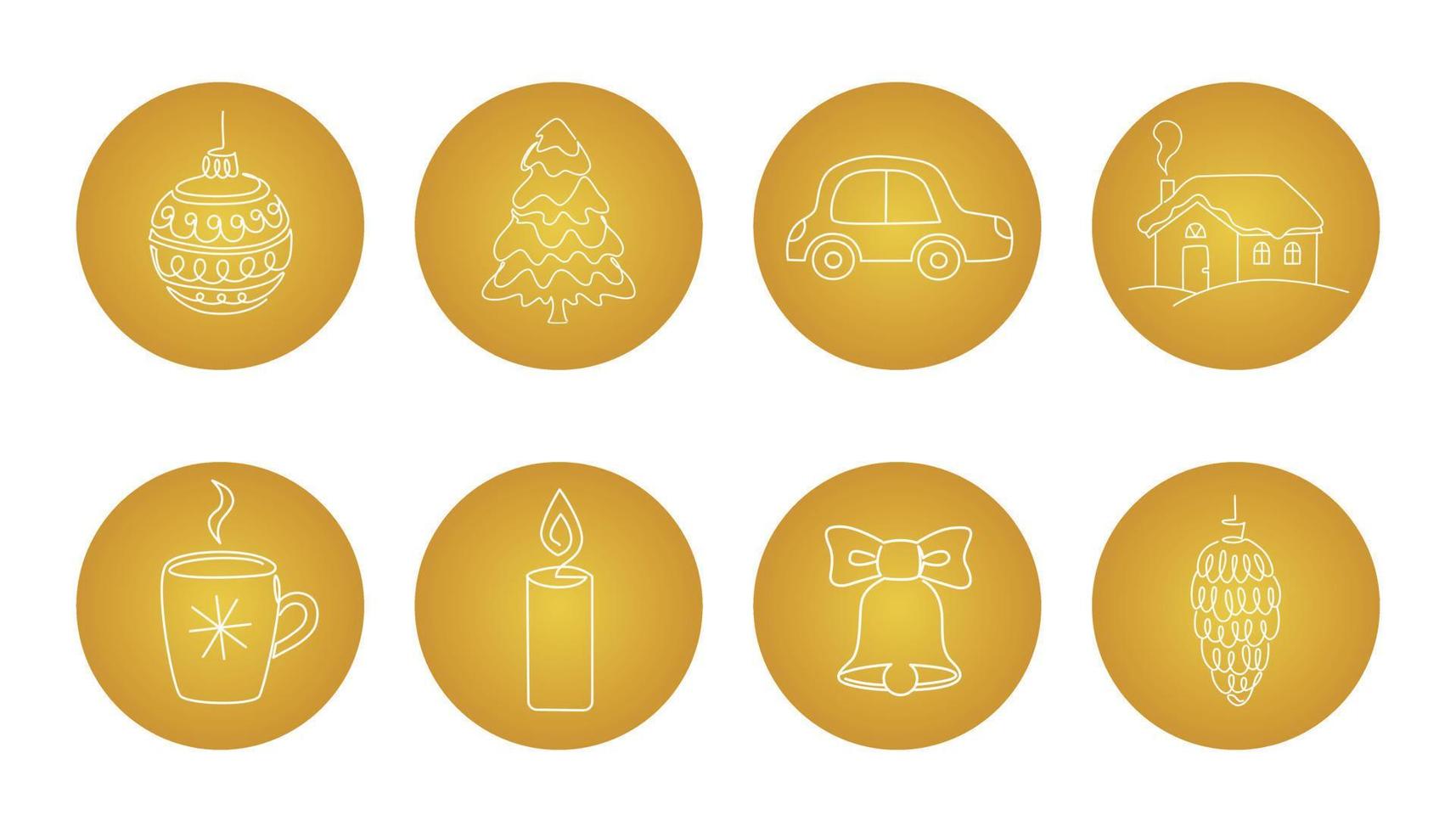 weihnachts- und neujahrsikonen eingestellt. traditionelle symbole für feier und feiertage. goldene Aufkleber. skizzieren Sie handgezeichneten Vektor im minimalistischen Stil