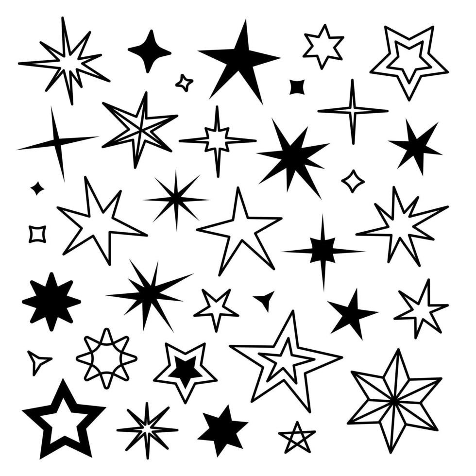 Doodle-Stern-Symbole. funkelnde Sterne. funkelt, leuchtend platzt. Weihnachtsvektorsymbole lokalisierte handgezeichnete Art vektor