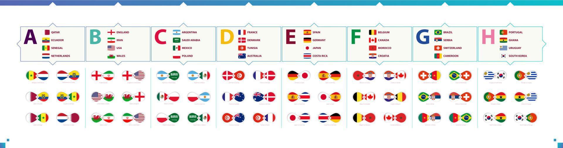 alle Gruppenspiele, versus Symbol und Flaggen der Teilnehmer an internationalen Fußballwettbewerben. vektor