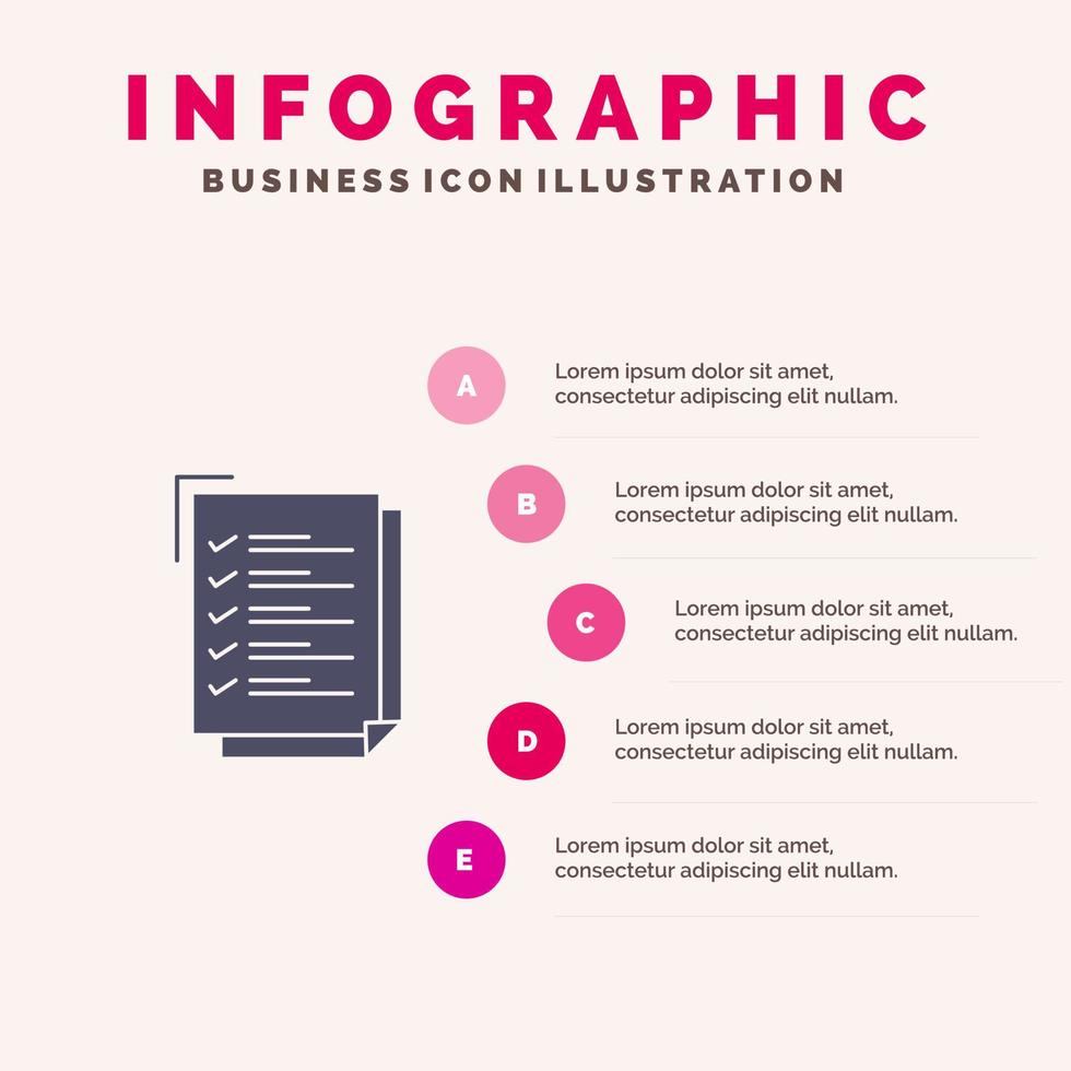 Checkliste Aufgabenliste Arbeitsaufgabe Notizblock solides Symbol Infografiken 5 Schritte Präsentationshintergrund vektor