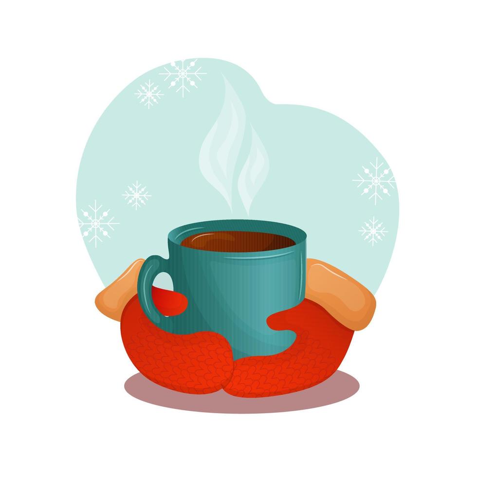 Hände in Winterhandschuhen, die eine Tasse Kaffee halten. Wintervektorillustration, die heiße Tasse Tee oder Cappuccino darstellt. vektor