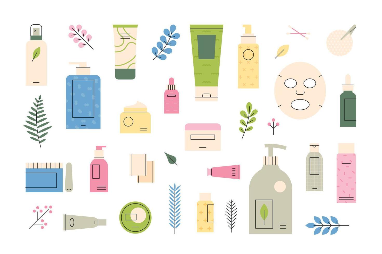 eine Sammlung verschiedener Kosmetikprodukte. Kosmetikbehälter wie Pumpen und Sprühcremes. vektor