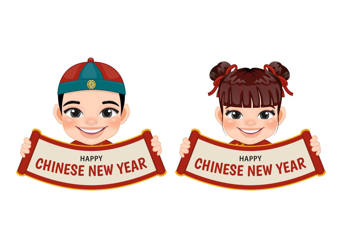 chinesischer junge und mädchen, die zeichen des chinesischen neujahrs auf weißem hintergrundvektor halten vektor