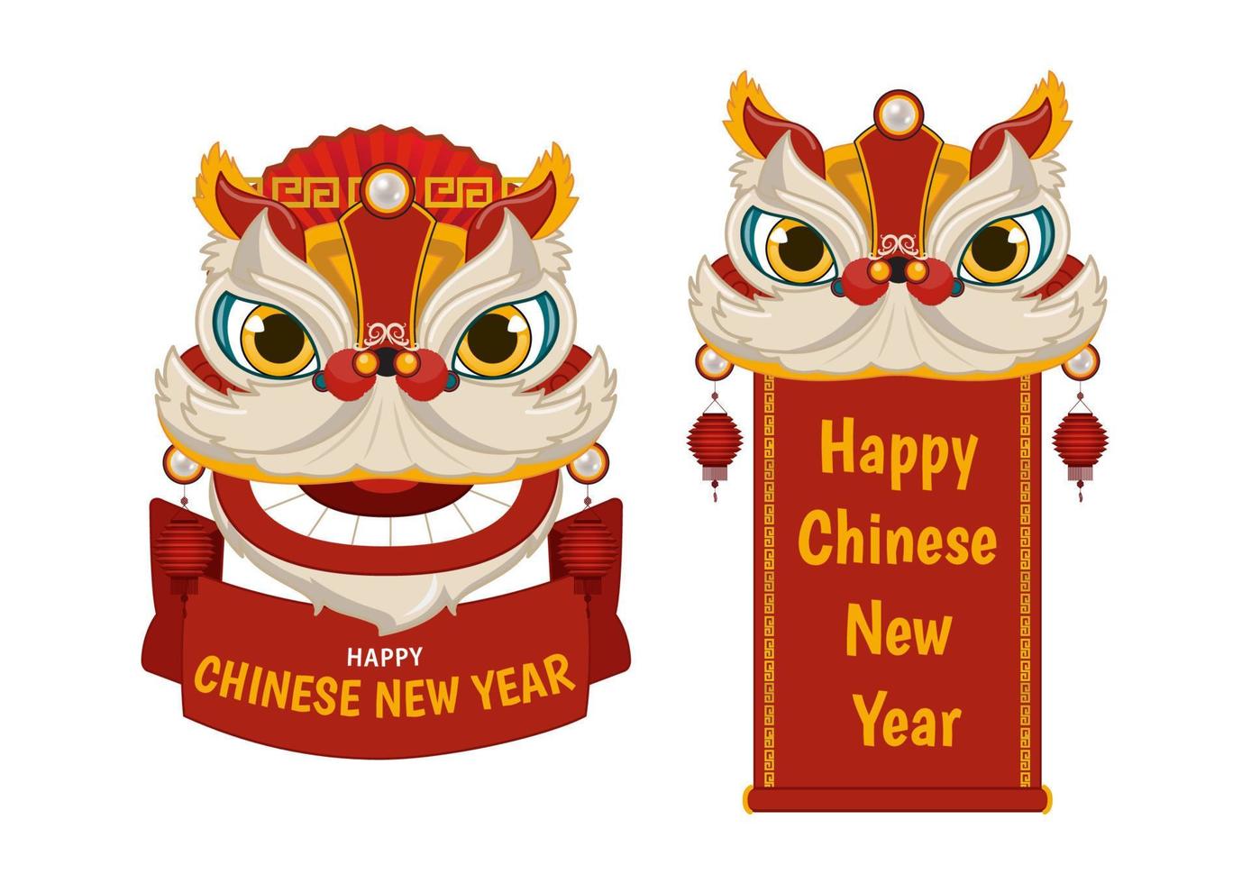 kinesisk ny år skrolla hälsning kort horisontell och vertikal mall, dekorerad med lejon dansa huvud tecknad serie karaktär vektor