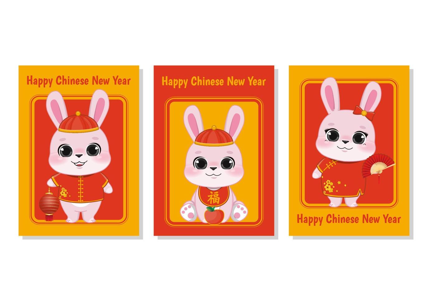 Lycklig kinesisk ny år 2023. år av de kanin. uppsättning av kinesisk ny år kort med kanin tecknad serie karaktär vektor