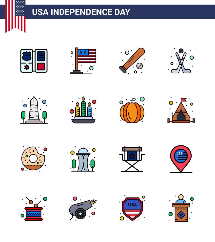 16 USA platt fylld linje packa av oberoende dag tecken och symboler av landmärke is boll hokey USA redigerbar USA dag vektor design element