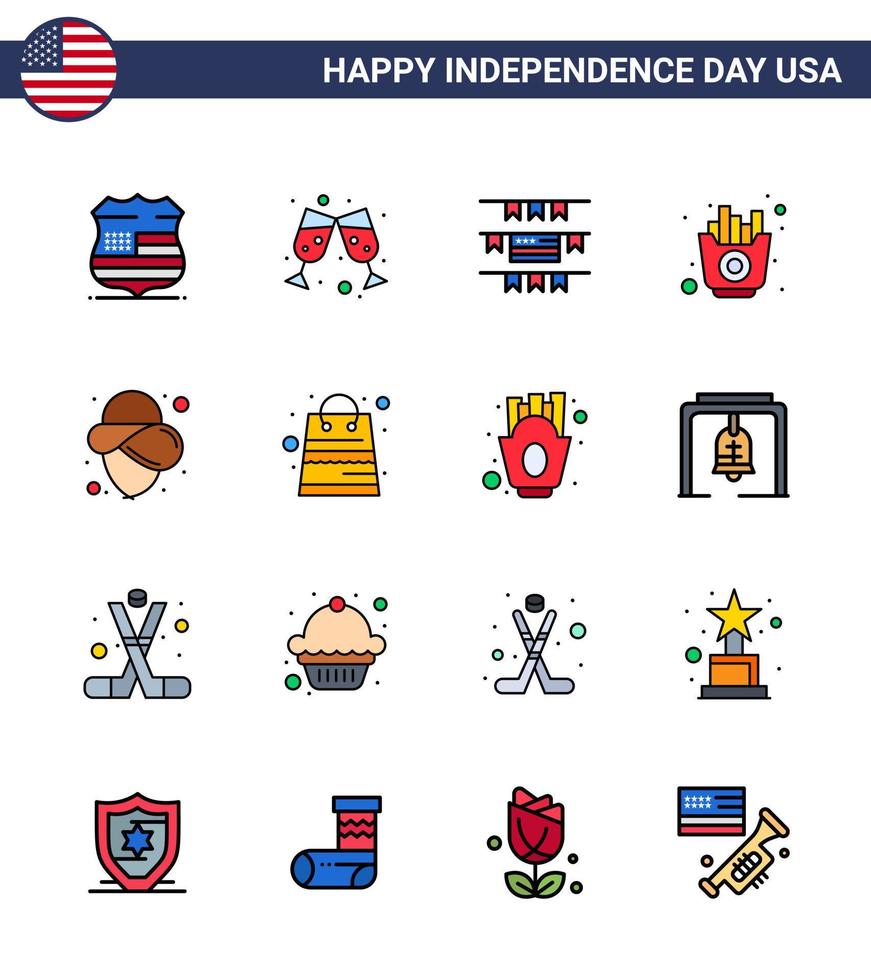 16 platt fylld linje tecken för USA oberoende dag väska cowboy fest dekoration USA frites redigerbar USA dag vektor design element