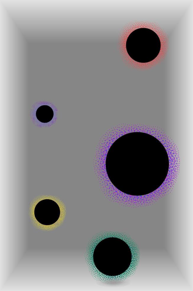 abstrakte Vektorillustration mit schwebenden schwarzen Kreisen, umgeben von einer farbigen Tröpfchenwolke auf einem Hintergrund im Inneren eines grauen Würfels vektor