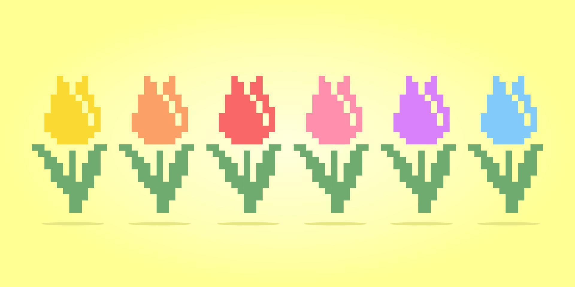 8-Bit-Pixel-Blume der Tulpe. Satz Blumen für Kreuzstichmuster, in Vektorgrafiken. vektor