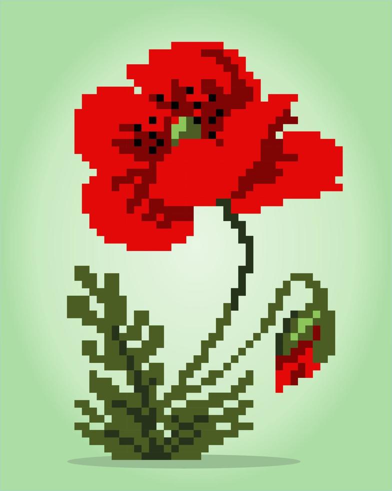 8-bitars pixel av hibiskusblomma. blommor för korsstygnsmönster, i vektorillustrationer. vektor
