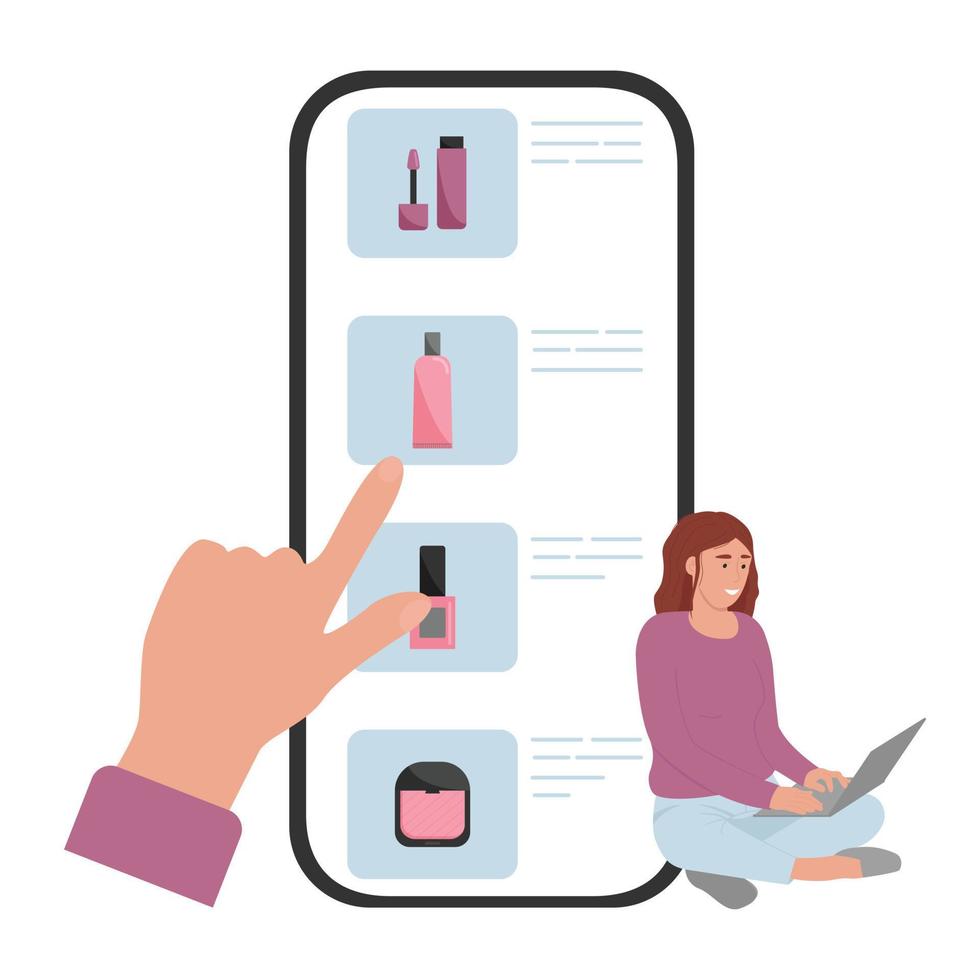 Online-Kosmetikgeschäft. ein mädchen wählt schönheitsprodukte mit einer mobilen anwendung aus. flacher Stil. Vektor-Illustration vektor