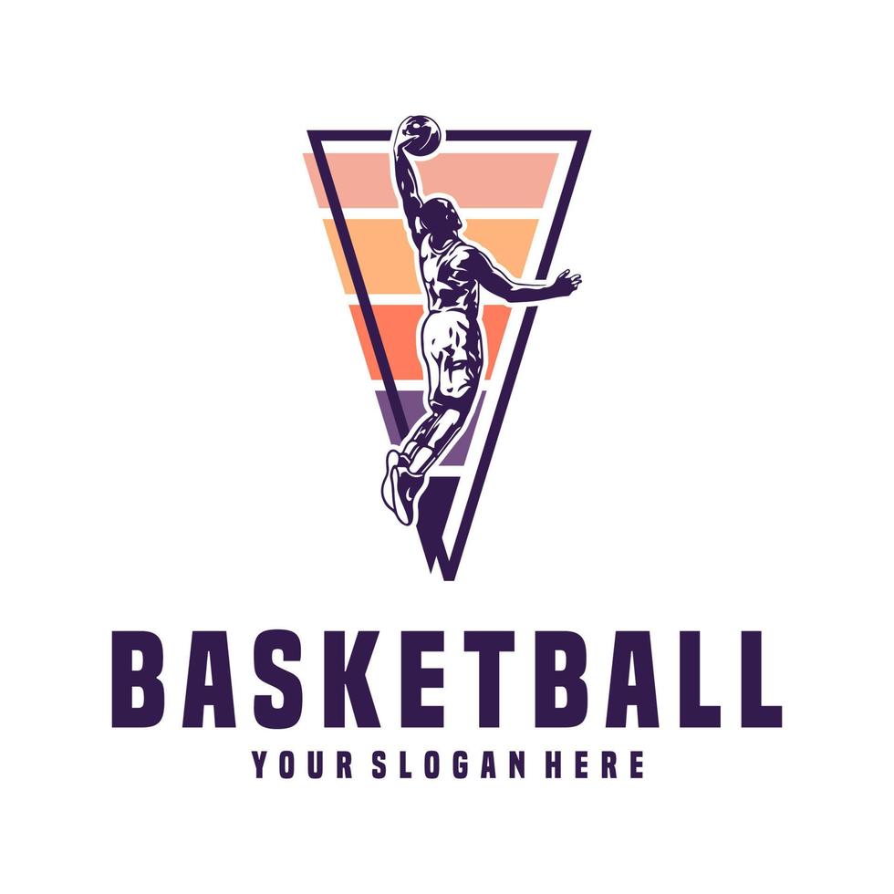 Basketballspieler springen mit Ball in der Hand. Slam-Dunk-Basketball-Logo. Designvorlage für Basketballsport vektor