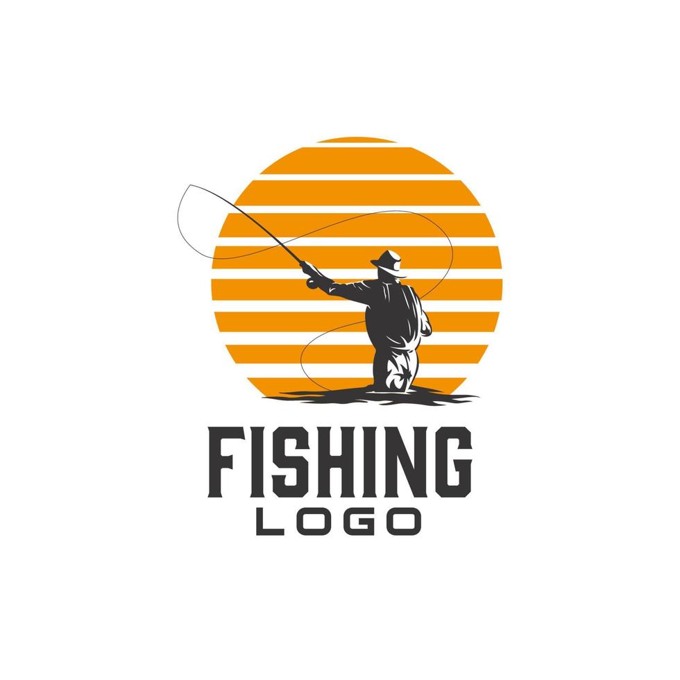 fiskare fiske silhuett logotyp illustration på solnedgång utomhus- design inspiration vektor