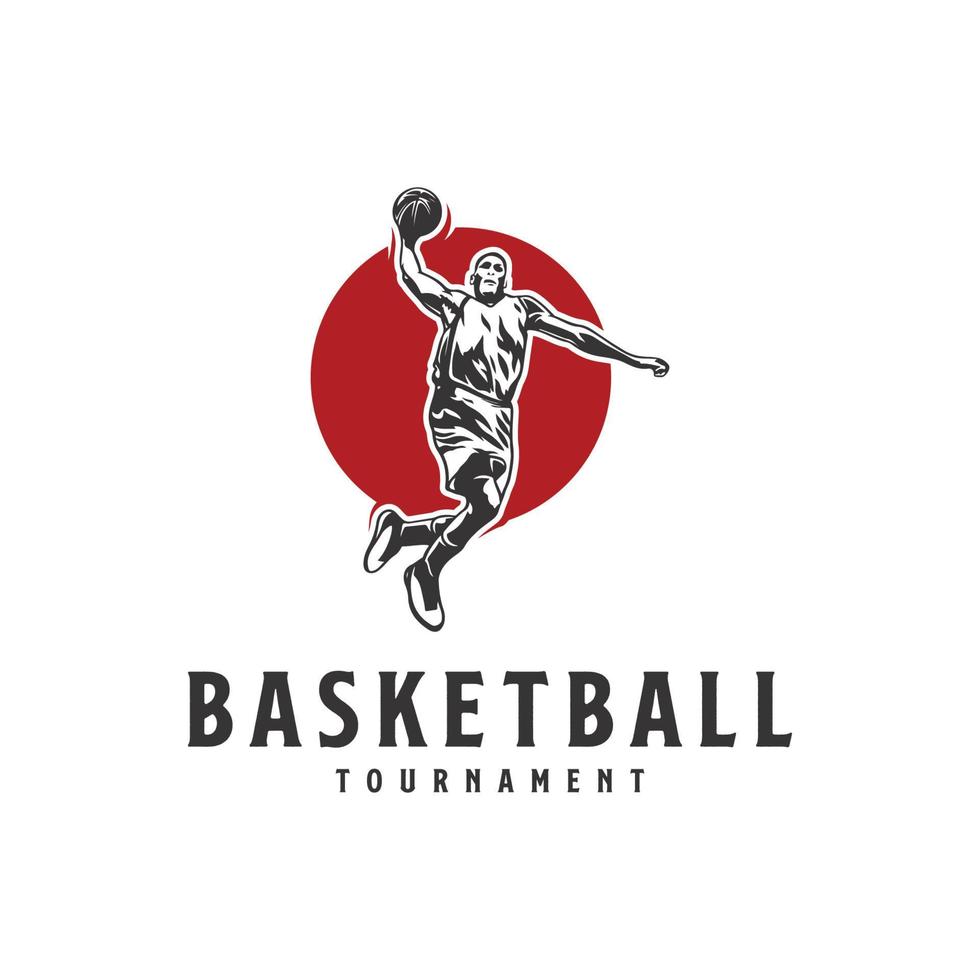 basketboll sport silhuett logotyp vektor mall. silhuett av en basketboll spelare slam dunka vektor