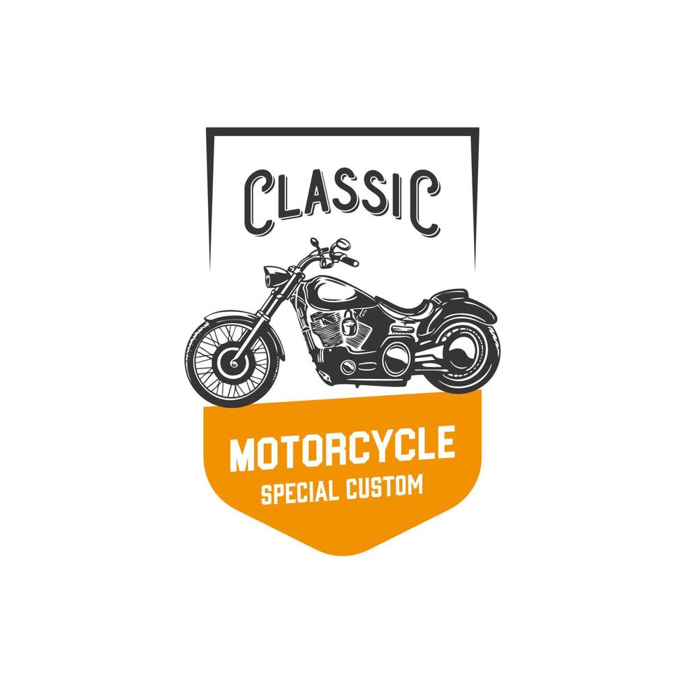 individuelles motorradetikett im vintage-stil mit inschrift und motorrad mit weißem hintergrund isolierte vektorillustration logo designvorlage vektor