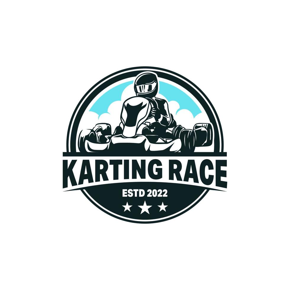 kart tävlings emblem logotyp vektor illustration. kart racer med hjälm logotyp design mall