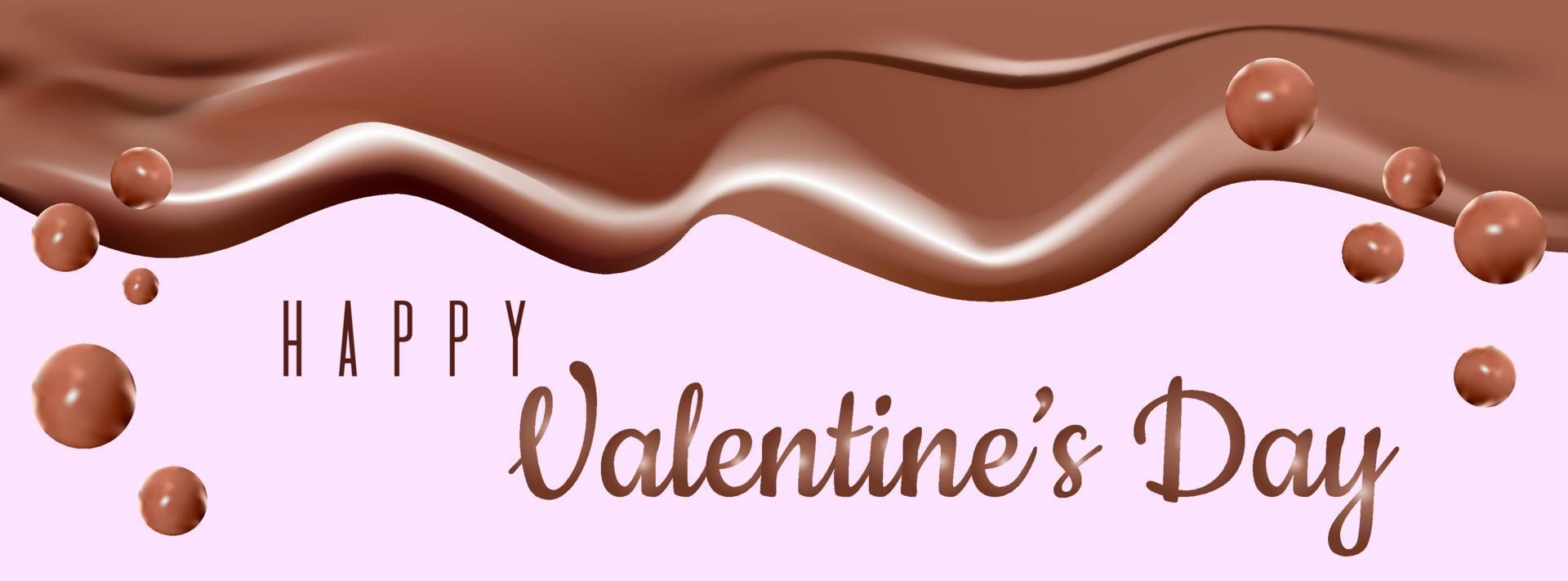 Lycklig valentine s dag baner, hälsning kort för valentine s dag med hjärtan på en rosa bakgrund. droppande smält choklad isolerad. realistisk 3d illustration av flytande choklad ream eller sirap. vektor