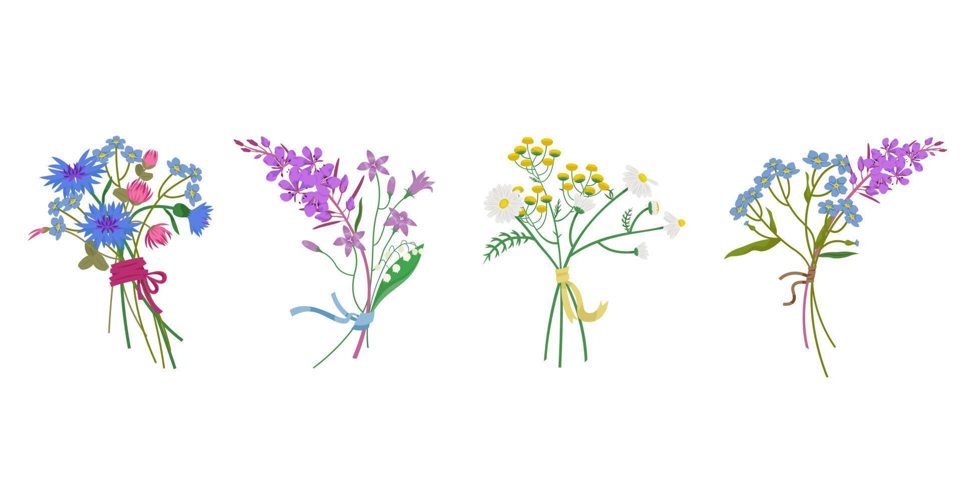 Reihe von Wildblumensträußen. verschiedene blumen im cartoon-stil. vektor